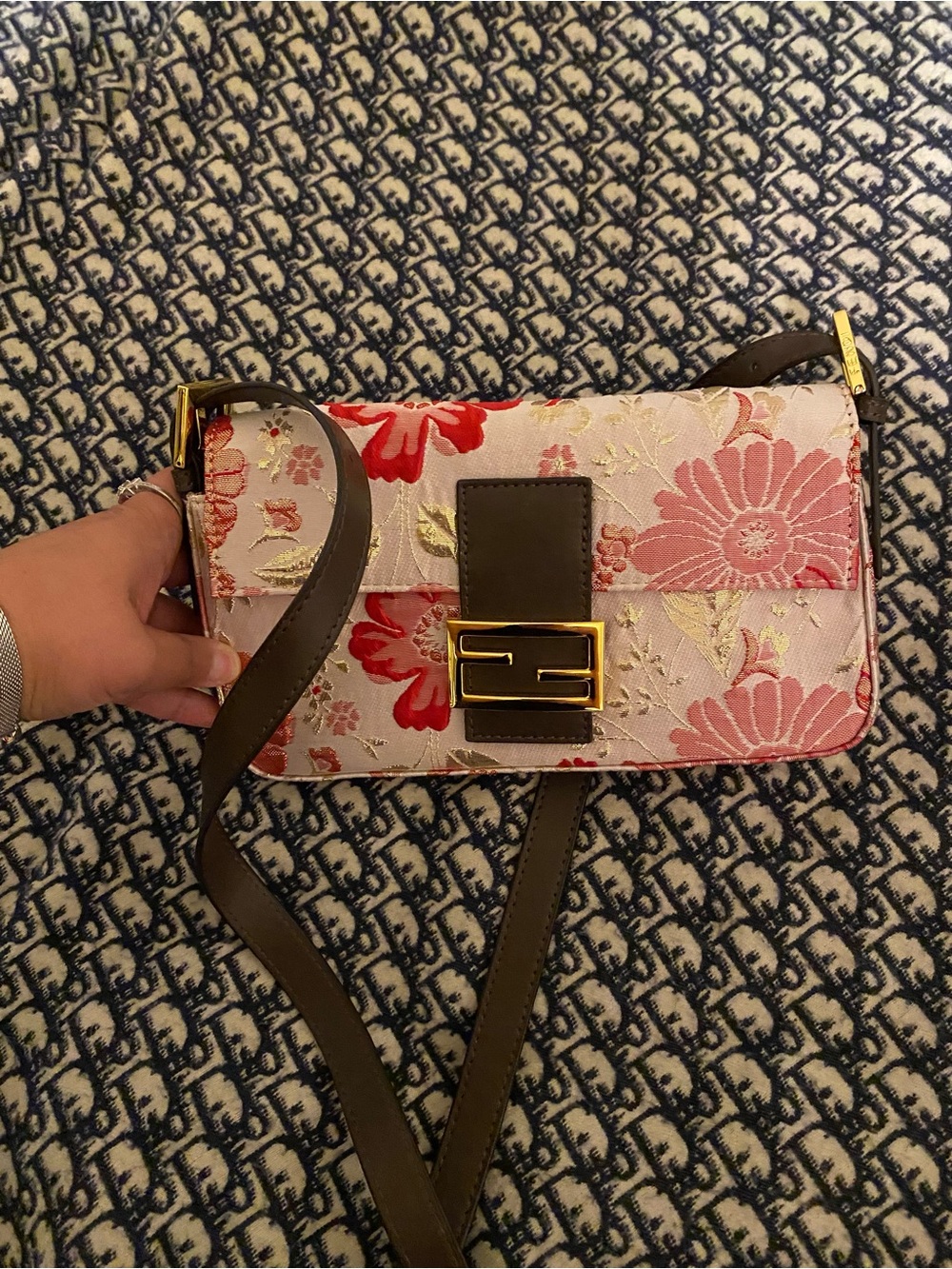 Inspired Floral Pink Embroidered Shoulder Bag with Gold Hardware